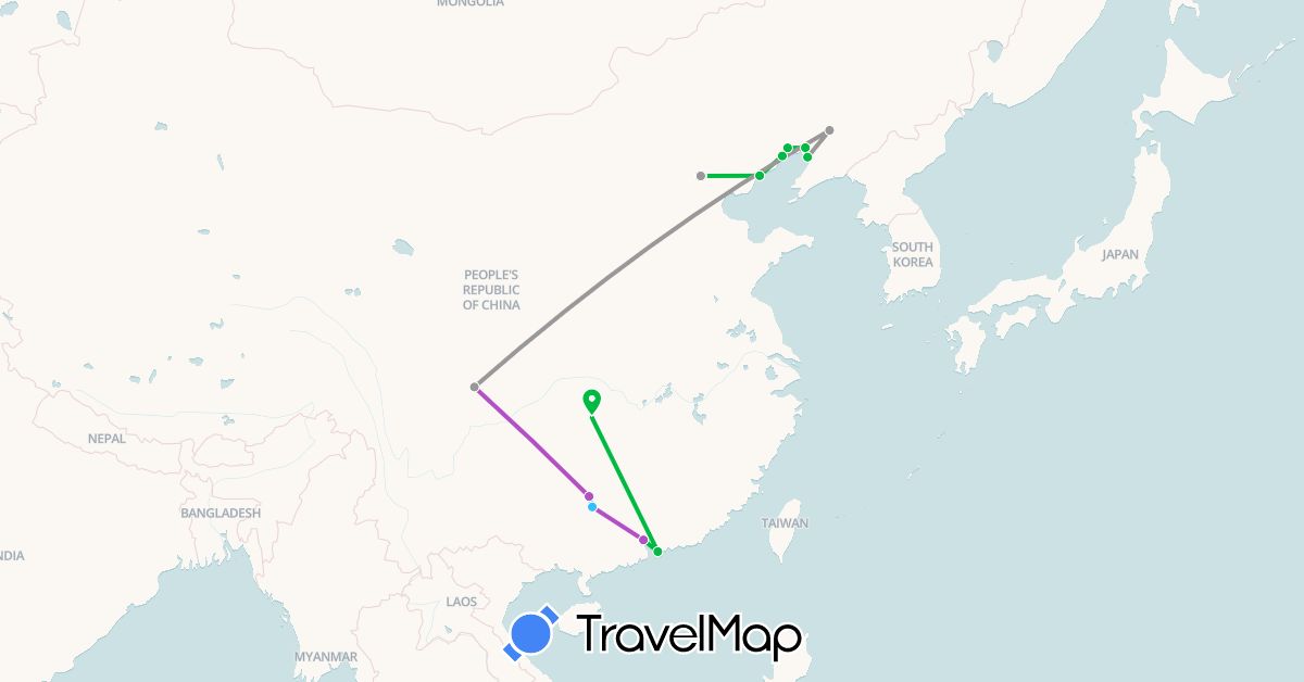 TravelMap itinerary: bus, plane, train, boat in China (Asia)
